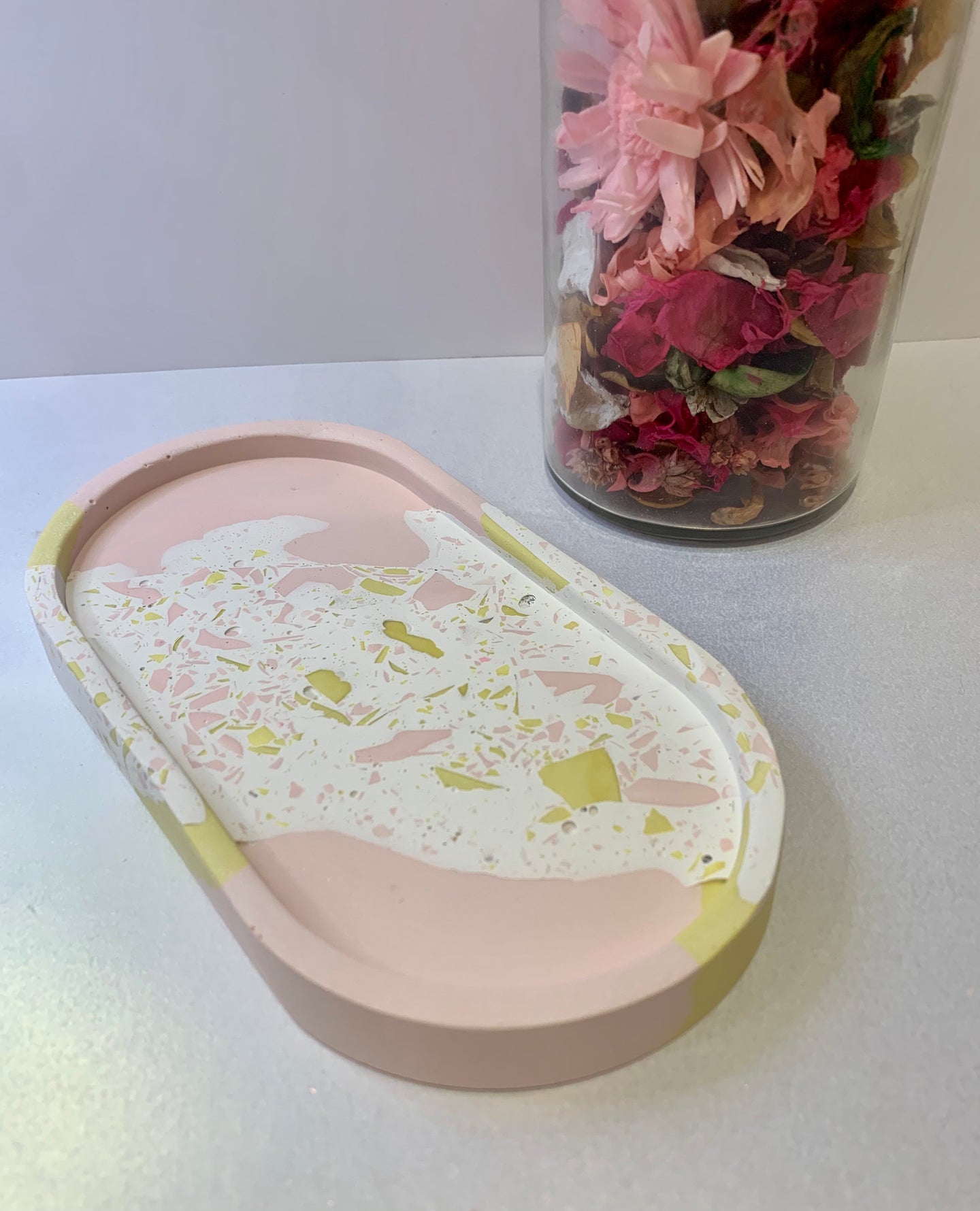 Multi coloured Pink Terrazzo desk top pot and matching Oval shape coaster.